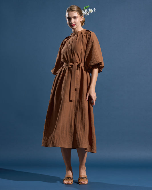 Puff-Sleeve Midi Dress