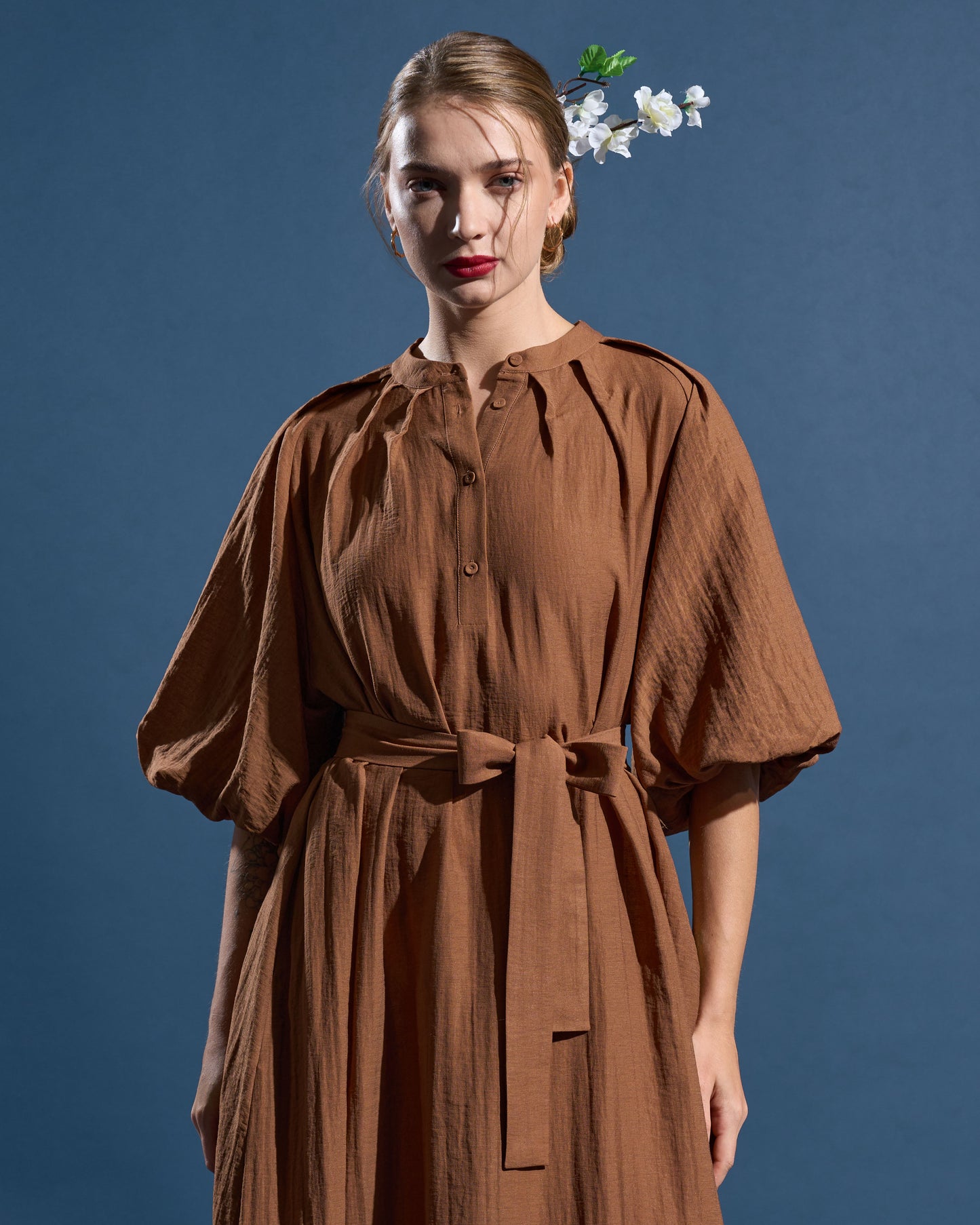 Puff-Sleeve Midi Dress
