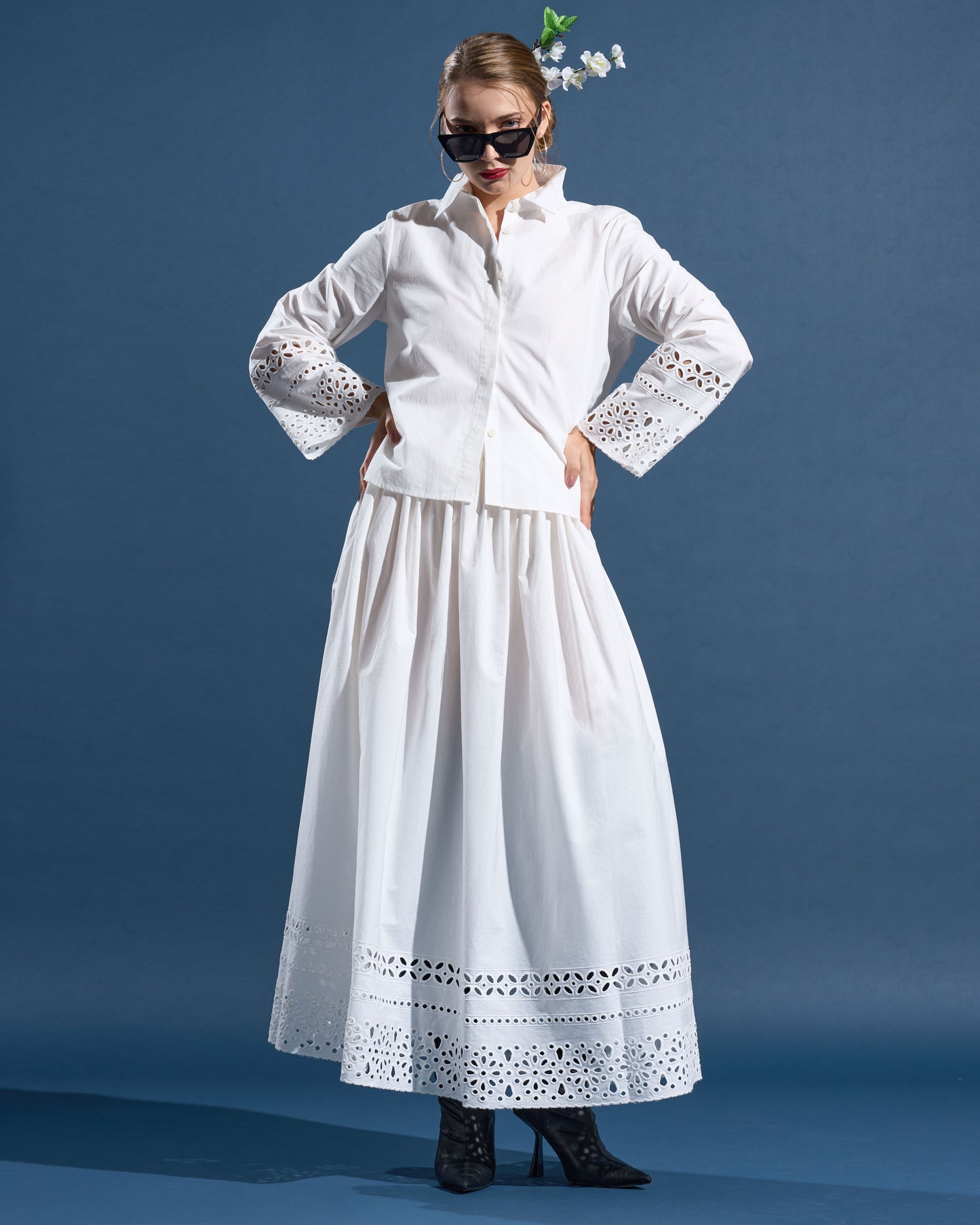 Eyelet Hem Midi Skirt